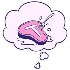 cartoon steak with thought bubble in bright neon color