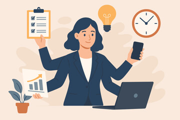 Multitasking businesswoman productivity concept. Efficient employee performance, work accomplishment, time management, skillful professional success, office tasks, workflow, growth