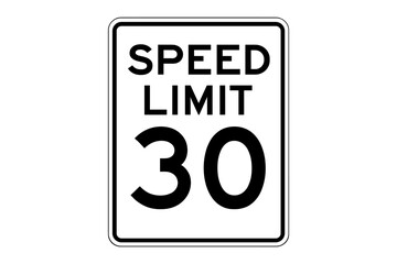 Speed Limit 30 Road Sign. Traffic Regulation Symbol. Urban Driving Safety. Black and White Regulatory Signage. Printable Vector Illustration. Transportation Law. Street Safety Warning.