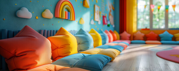 Vibrant playroom with colorful cushions and rainbow wall decor & perfect for childcare, interior design, or educational content