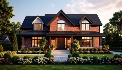 Modern Brick Home at Dusk