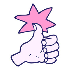 hand drawn doodle style cartoon thumbs up symbol in bright neon color