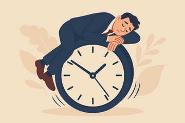 Procrastination and Wasted Time Concept. Tired Lazy Businessman Sleeping on Clock. Low Productivity, Lack of Motivation, Self Discipline Problem, Work Efficiency, Burnout, Deadline Stress