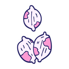 cartoon doodle nuts in shells in bright neon color