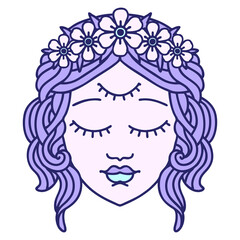 tattoo in traditional style of female face with third eye in bright neon color