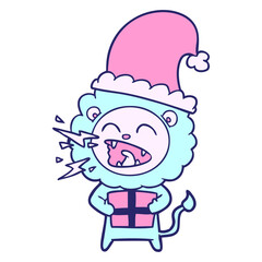 cartoon roaring lion with gift in bright neon color