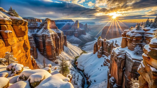 A snowy canyon at sunset