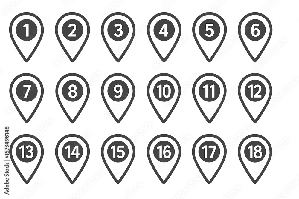 Poster location pin icon set with numbers. map markers with numbers from 1 to 18. pointer symbol collection