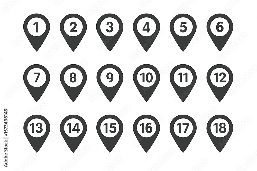 Poster location pin icon set with numbers from one to twenty. map marker, pointer symbol collection for nav