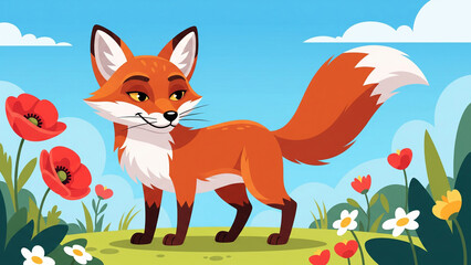 Obraz premium A cute orange fox character, a funny wildlife animal vector illustration with a red fur tail, sits in the wild nature of the forest grass