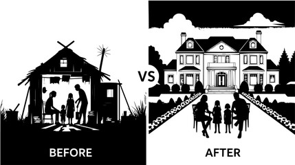 Obraz premium Illustration showcasing the concept of poverty versus wealth, depicting families and their homes to visualize social class inequality.