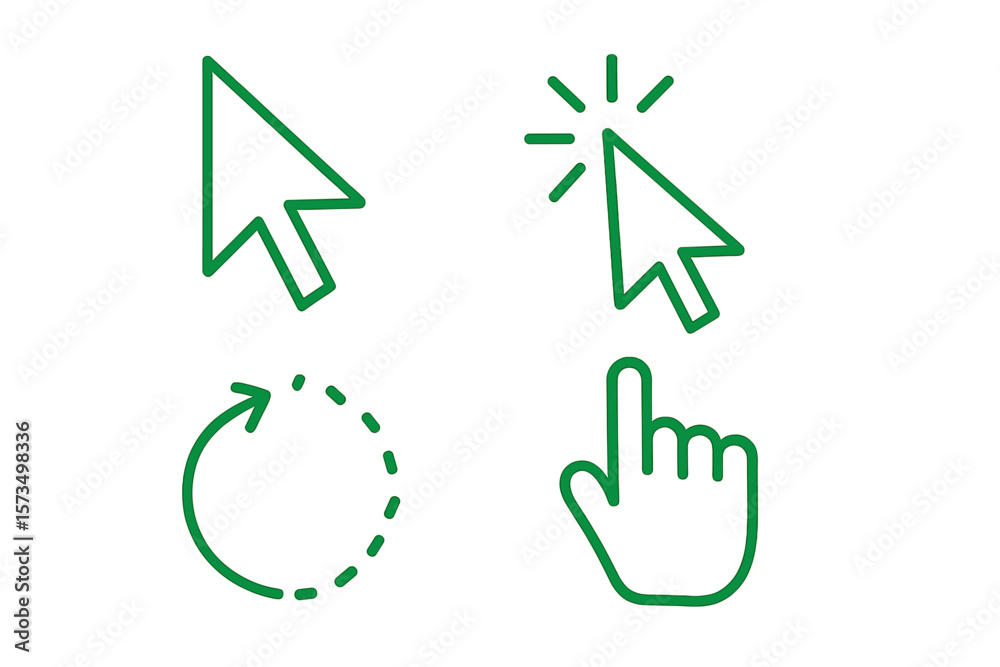 Poster green mouse cursor icons set. click pointer, loading arrow, hand cursor. computer mouse pointer vect