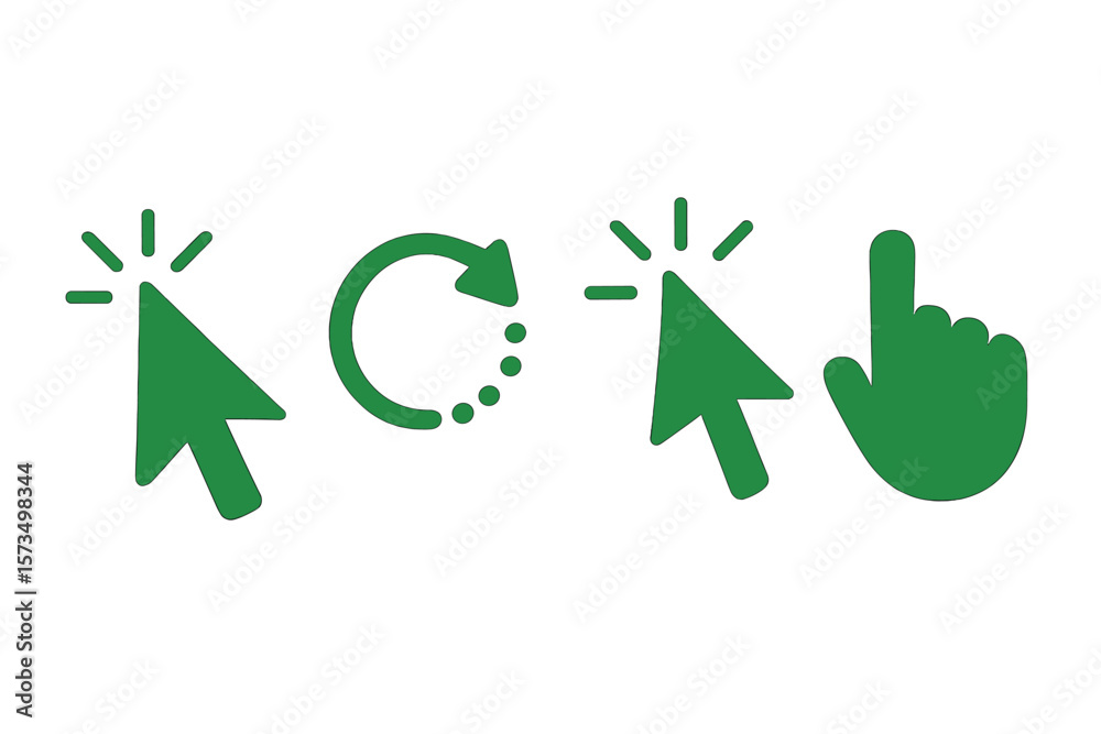 Poster green mouse cursor icons set. click pointer, loading arrow, hand cursor. computer, mobile app, ui de