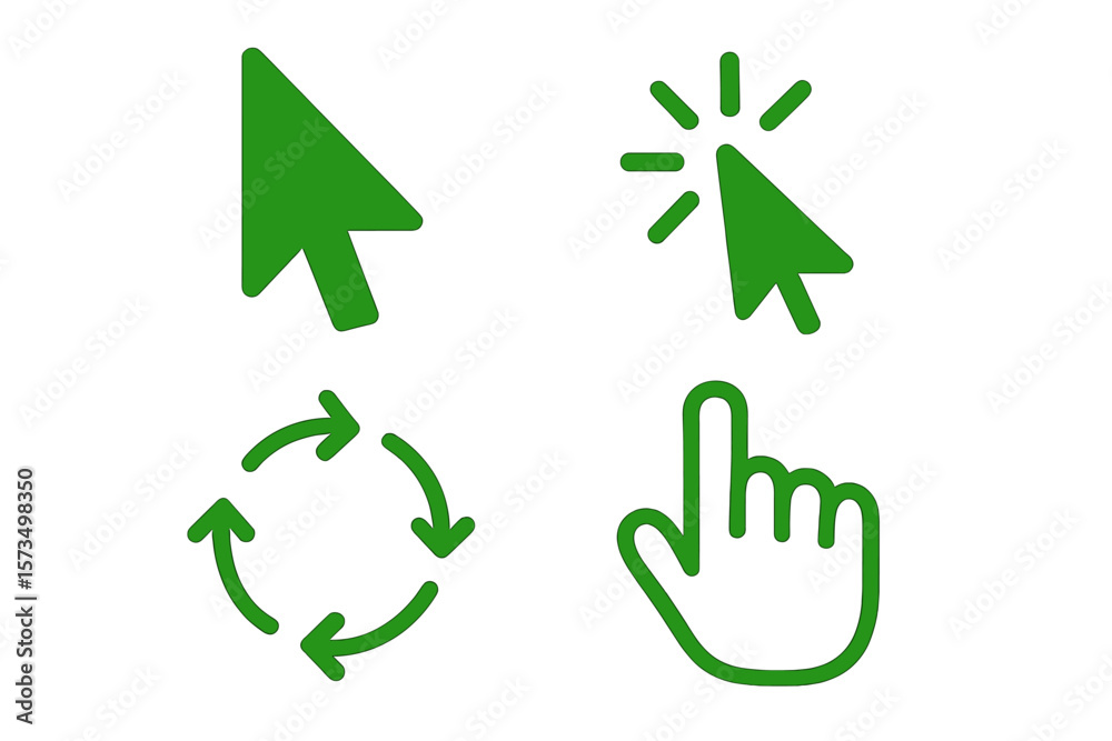 Poster green mouse cursor icons set. click pointer, loading arrow, hand cursor for computer, mobile app, an