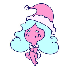 hand drawn christmas cartoon of kawaii girl in bright neon color