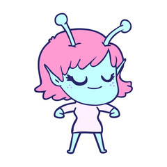 smiling alien girl cartoon in bright neon color