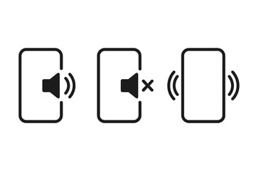 Smartphone sound profile icon set with ring, vibration, and silent modes. Phone sound on, mute, and vibrate symbol collection for mobile app and web user interface design.