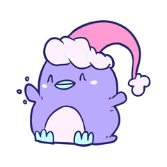 cartoon penguin wearing christmas hat in bright neon color