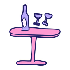 hand drawn doodle style cartoon table with bottle and glasses in bright neon color