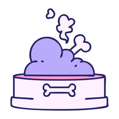 cartoon of a dog food bowl with bone in bright neon color