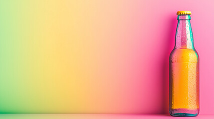 Vibrant gradient background with a glass beverage bottle wet with condensation and space for text. Bright mockup or banner for product design and summer promotions
