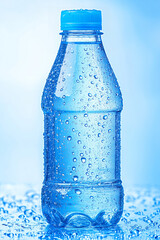 Refreshing cold water bottle with condensation and blue cap on wet surface. Bright mockup or hydration concept