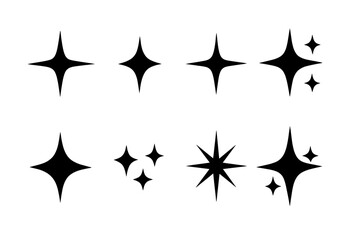 Sparkle Star Icon Set. Simple Star Burst Shapes Collection. Shining Twinkle Effect. Black Silhouette Sparkle Clipart. Clean Minimalist Star Symbols. Vector Isolated Decoration Elements