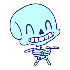freehand drawn cartoon of spooky kawaii skeleton in bright neon color