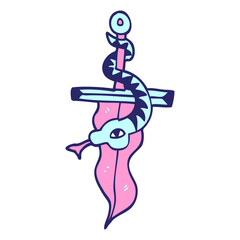 cartoon doodle dagger and snake tattoo in bright neon color