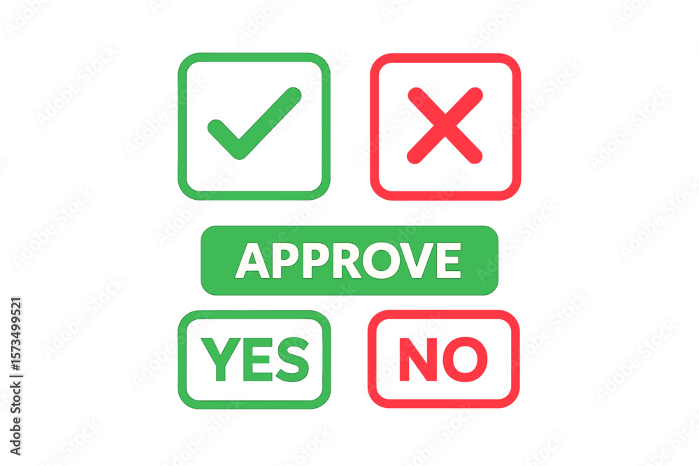 Poster approve and reject icons set. green tick and red cross symbols. yes no buttons. approval decision ch