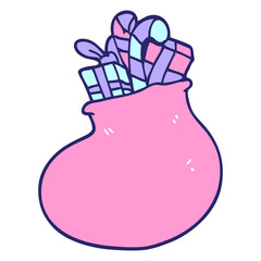 cartoon doodle bag of christmas presents in bright neon color