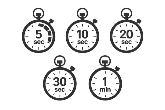 Set of timer icons. Stopwatch, chronometer with 5, 10, 20, 30 second and 1 minute time interval. Countdown clock symbol collection. Sport timer, kitchen timer vector.