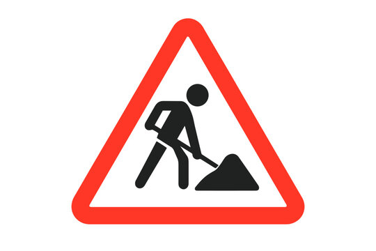 Construction Zone Warning Road Sign. Man Digging Symbol. Roadwork Ahead. Caution Traffic Sign. Red Triangle Border. Work in Progress. Vector Illustration. Transparent Background