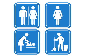 Restroom and Bathroom Signs Set. Male and Female Toilet Symbols. Baby Changing Station Icon. Cleaning Staff Symbol. Blue Printable Vector for Public Facilities
