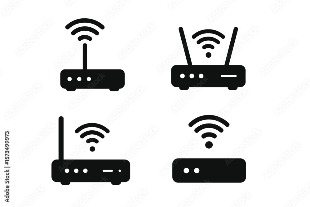 Poster wi-fi router icon set. wireless network modem symbol collection. internet connection signal for web 