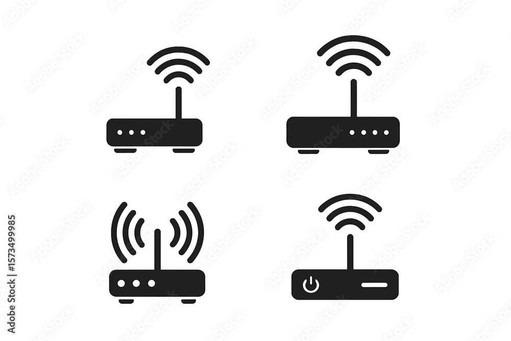 Poster wi-fi router icon set. wireless network modem symbols. internet connection pictogram. broadband hots