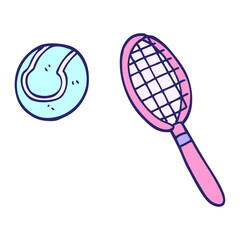 cartoon doodle tennis racket and ball in bright neon color