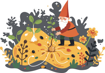 Fototapeta premium Gnome watering plants in garden with pumpkin and autumn flowers vector illustration 