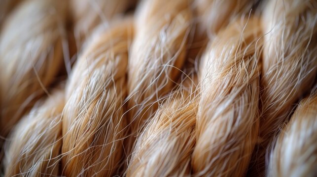 Close up of braided rope showing fibers, tan colors and texture details in strong lighting. - Powered by Adobe