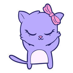 cute cartoon cat with bow in bright neon color