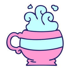 hand drawn quirky cartoon hot drink in bright neon color