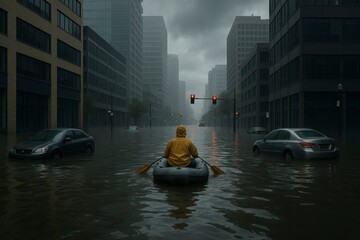 Urban Flooded Street with Boat