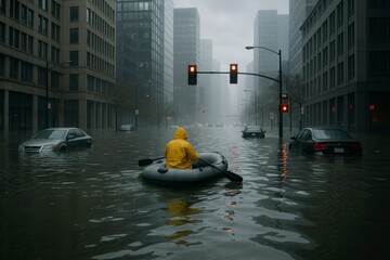 Urban Flooded Street with Boat