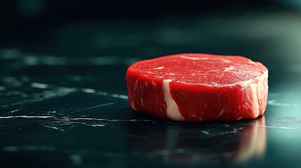 Fresh raw fillet mignon steak resting on dark marble surface, copy space