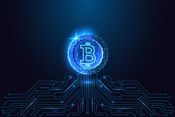 Low poly glowing Bitcoin coin symbol emerging from digital circuit board, blockchain crypto concept