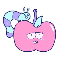 cartoon apple and bug in bright neon color