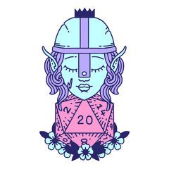 Retro Tattoo Style elf fighter with natural twenty dice roll in bright neon color