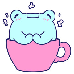 cartoon of a cute frog sitting in a coffee cup in bright neon color