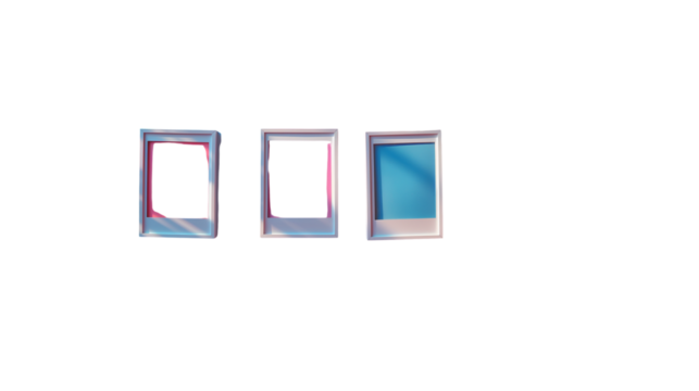 Color shadows cast on three minimal wall frames over white background. Transparent PNG. design mockup or editorial layout