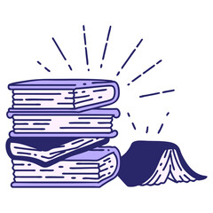 illustration of a traditional tattoo style stack of books in bright neon color